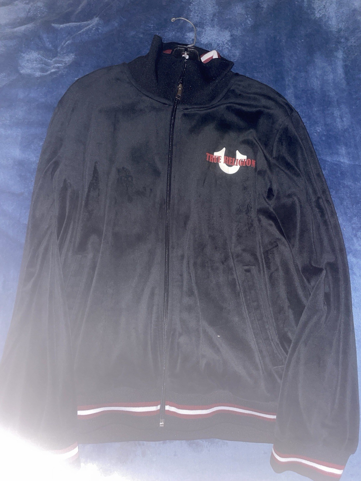 True Religion Men's Black Track Jacket Full Zip Logo Striped Ribbing Designer