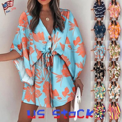 Women Floral Print V-Neck Wrap Dress Ladies Summer Holiday Lace Up Mini  Sundress | eBay