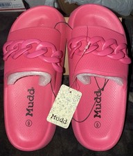 New Women's Mudd Aloha Sandals Slides Pink Chain Accent