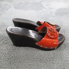 Tory Burch Sandals Womens Size 8 Orange Patent Leather Logo Wedge Studded Slides