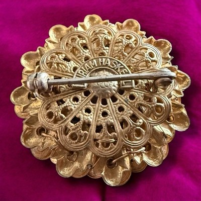 Miriam Haskell Brooch Signed Horseshoe Cartouche Rhinestone Flower