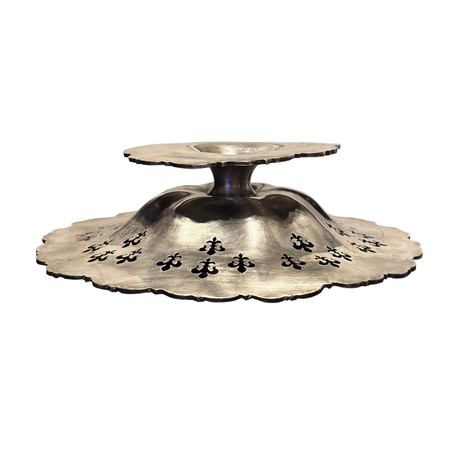 Vintage Silver Plated Footed Compote Bowl Fleur de Lis Cutout Ornate Pedestal