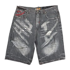 Vintage Akademiks Denim Shorts Mens 36 Black Y2K Baggy Embroidered Distressed