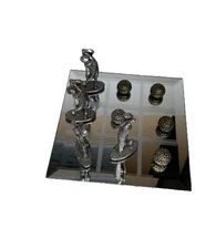Golf Tic Tac Toe Game 4 Metal Golfers & 5 Golf Balls - Mirror Board Pewter Color
