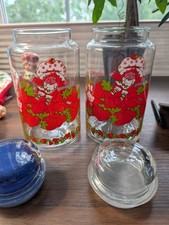2 Vtg 1980 STRAWBERRY SHORTCAKE Custard Cat American Greetings Glass Jars Lid