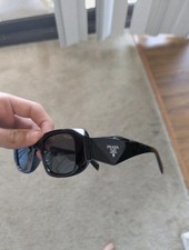 PRADA Women  s Rectangle Sunglasses Black Plastic Frame Gray Tinted Lenses