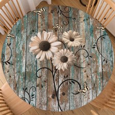 Rustic Daisy Round Fitted Tablecloth with Elastic Edge Vintage Farmhouse