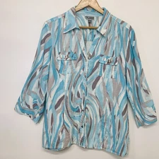 J M Collection Linen Blouse Woman 12 Button Up Blue Watercolor 3/4 Sleeve Travel