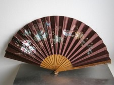 Large Fan C-1900 Wood Painted Silk D cor Roses Bird 35Cm Antique