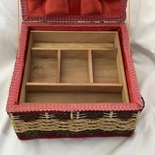 Wicker Woven Sewing Basket Box Red Satin Quilted with Notions Granny Cottage