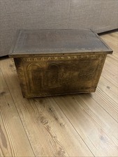 Vintage Brass Clad Wood Embossed Storage Chest Trunk Repoussé Scene Decor Fire