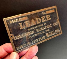 Leader Brass Era Car Id Plate Badge Emblem 1905-12 Columbia Electric Free Ship
