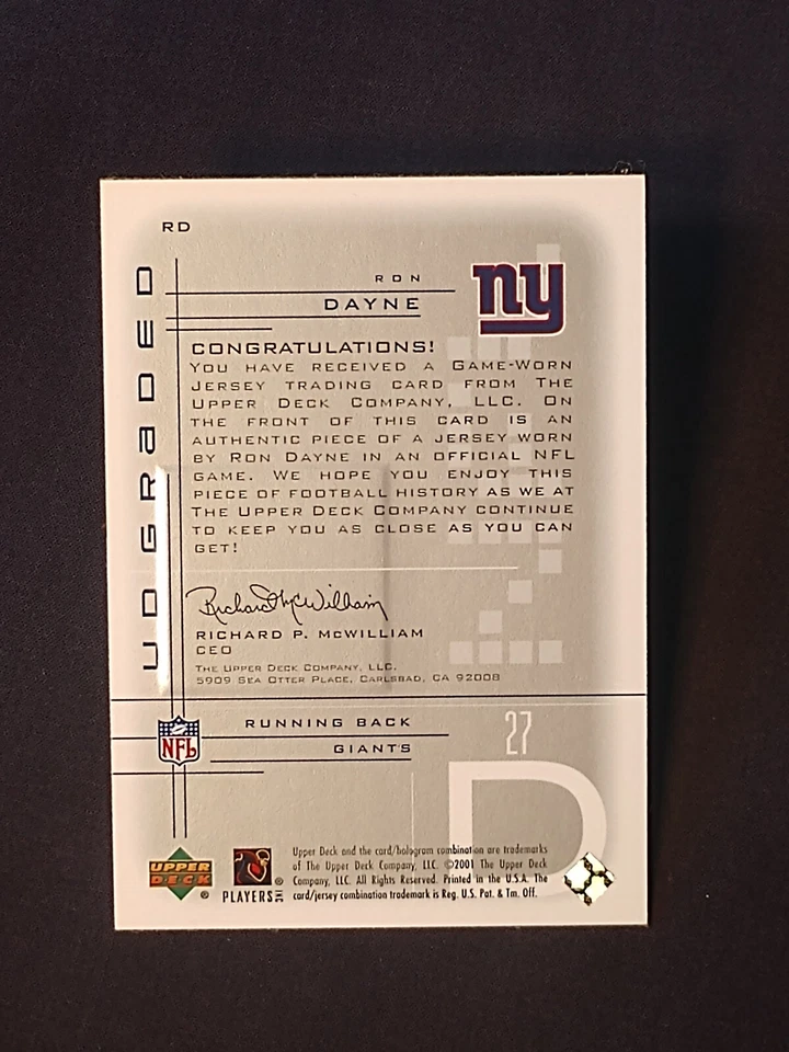 2001 UD Graded Jerseys #RD Ron Dayne New York Giants - Image 2 of 2