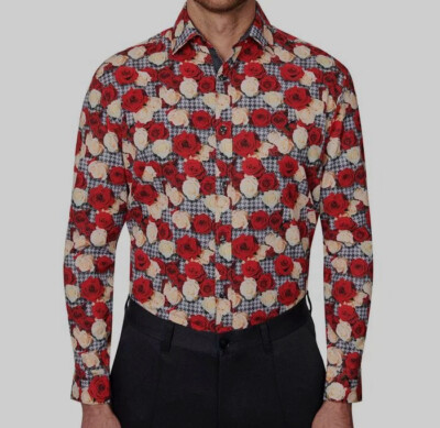fitted lace wedding dress Men's Fancy Long Sleeve Woven Paisley Dress Shirt in Red Small / Red main image 0