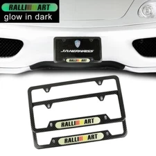 Universal Glow in Dark Green RALLIART Carbon Look Metal License Plate Frame x2