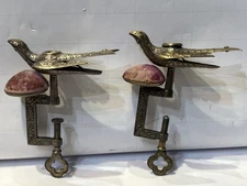 Pair of Vintage VICTORIAN Sewing Hemming Bird Clamp w/ Pin Cushion Spring Loaded