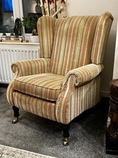 Parker Knoll Wingback Chair Baslow Stripe Gold , Gold Castors. V. Good Condition