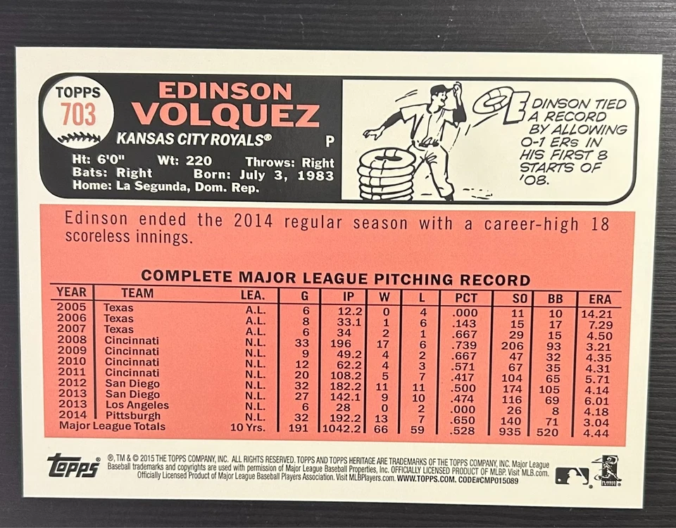 Topps Heritage 2015 5x7 Sepia Edinson Volquez #703 - Royals SP/10 Jumbo Foto 3 de 3