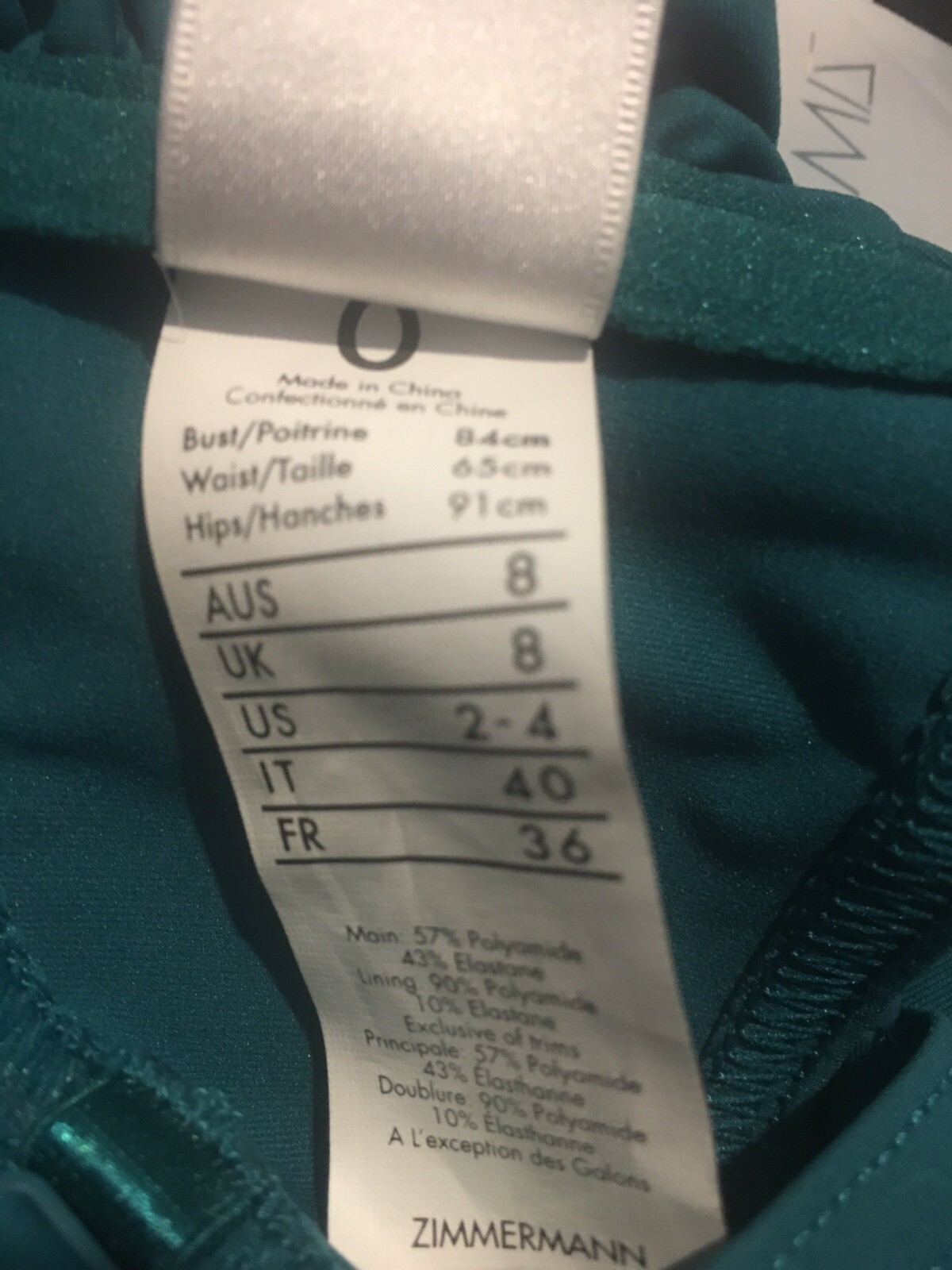 ZIMMERMANN SWIMWEAR Seperates Sculpt U-Wire Bra Teal NWT 8 RRP $155