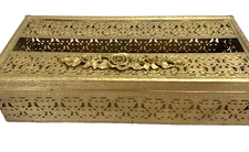 VTG Gold Filigree Tissue Kleenex Box Cover Roses Hollywood Regency Hinged Lid
