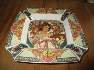 Wunderschöner Aschenbecher Schale Alphonse Mucha Porzellan Jugendstil