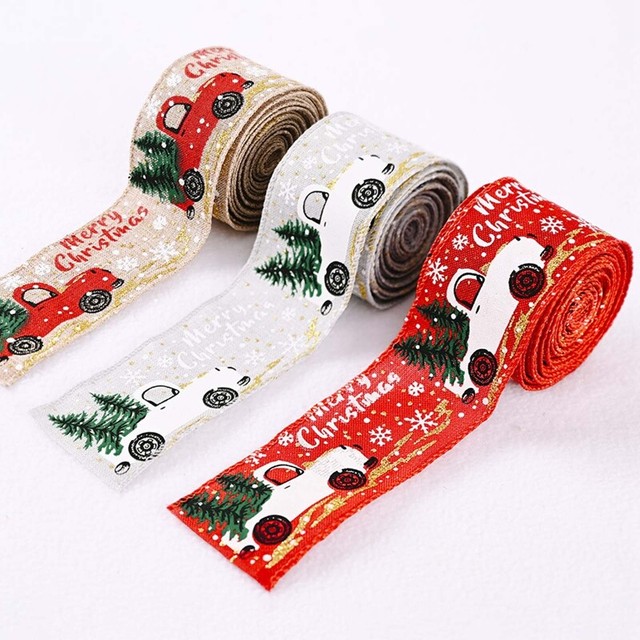 5M Truck With Tree Wide Linen Printed Ribbon Merry Christmas DIY Decoration qiu