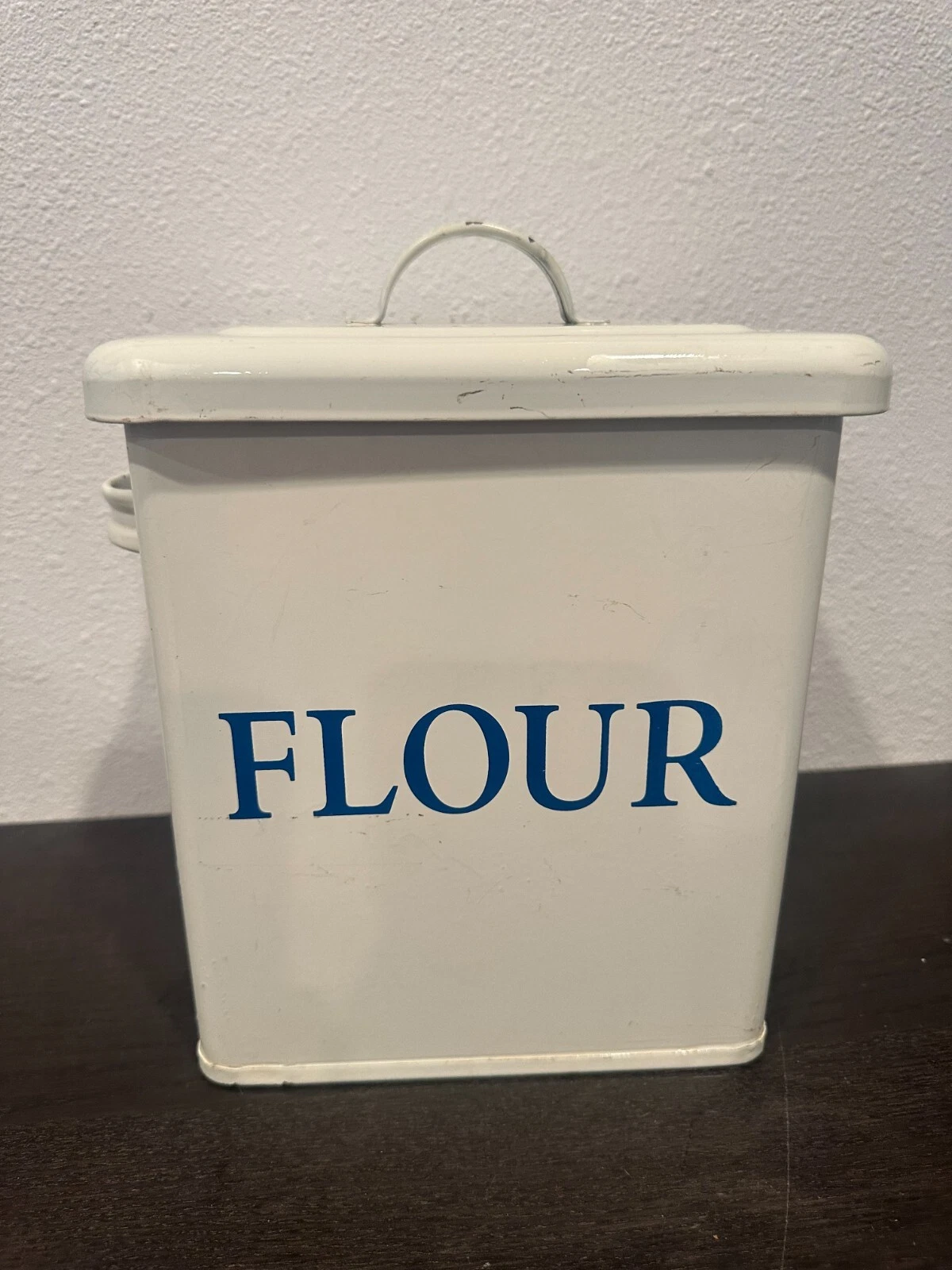 Vintage Style Restoration Hardware White Enamel Breadbox ~ Blue Lettering