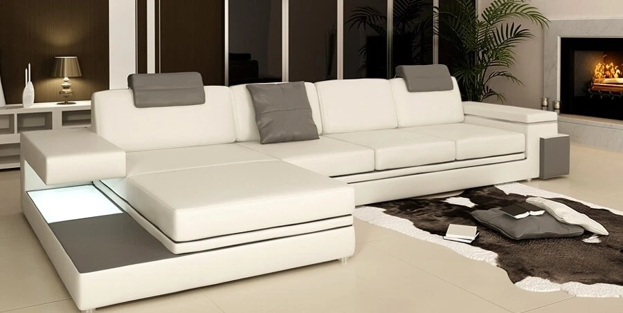 Living Room Couch Leather Sofa Upholstered Corner Textile Set LED USB Black