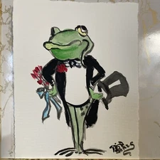 Kiss Me  Frog  In Suit  With Flowers 8x6 Signed Acrylic On Vintage Style Paper