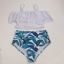 Two piece Bikini set. Ruffled off shoulder top. High waist bottom.Tropical Large