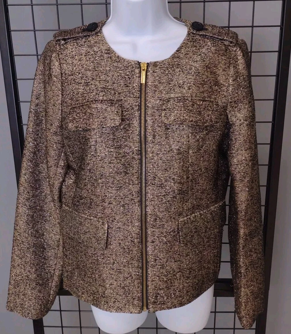 Giacca in tweed Michael Kors da donna taglia 4 misto seta oro e nero cappotto metallico