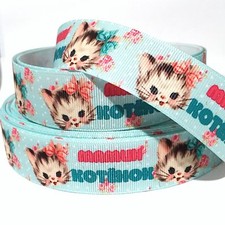 GROSGRAIN RIBBON 1" CAT WITH BOW c5 PRINTED BULK 1,3,5 YARDS