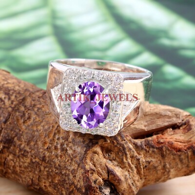 Natural Amethyst Gemstone with 925 Sterling Silver Ring for Men's #5394