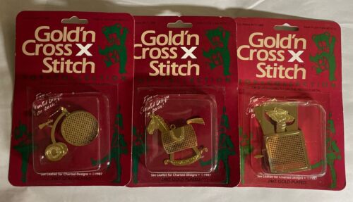 Vintage Lot Gold’n Cross Stitch 24K Gold Plated 3D Christmas Ornaments 1987 - Afbeelding 1 van 7