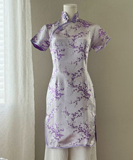 100 Silk Women s Purple Floral Satin Cheongsam Qipao Dress Mandarin Collar Sz M
