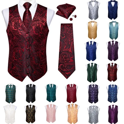 Red Blue White Black Mens Vest Tie/Bowtie Hankie Cufflinks Wedding Waistcoat Set
