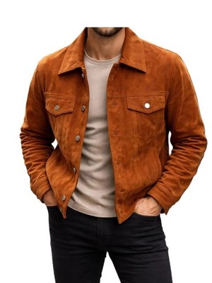Men s Real Suede Trucker Jacket Handmade Rust Tan Western Cowboy Moto Biker Coat