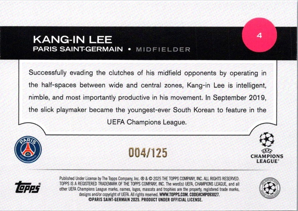 2025 Topps UEFA Champions League Kang-In Lee 4/125 Paris Saint Germain #4 - Image 2 of 2