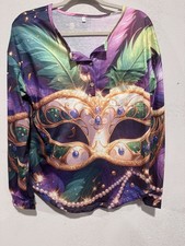Mardi Gras Masquerade Mask Feather Print Purple Green Gold M Long Sleeves