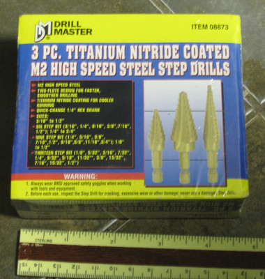 Drill Master 3pc. Step Drill Set Titanium Nitride 1/4'' Hex Shank w/Wood Case
