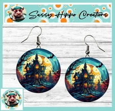Earrings Round Silver Hook Backs Spooky Haunted House Happy Halloween MDF