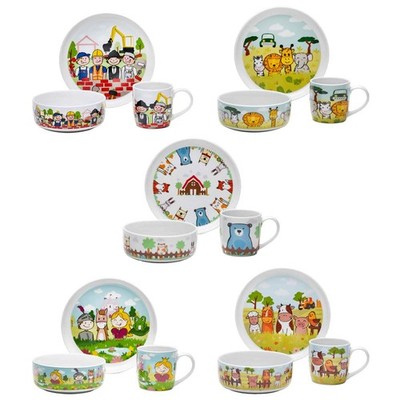 Van Well Kindergeschirr Set 3-teilig Teller Schale Becher Kindermotive Porzellan