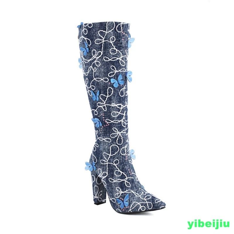 Pantalones de mezclilla hasta la rodilla para mujer Botas con lentejuelas Tacón Mariposa Punta puntiaguda Zapatos Dama Foto 3 de 4