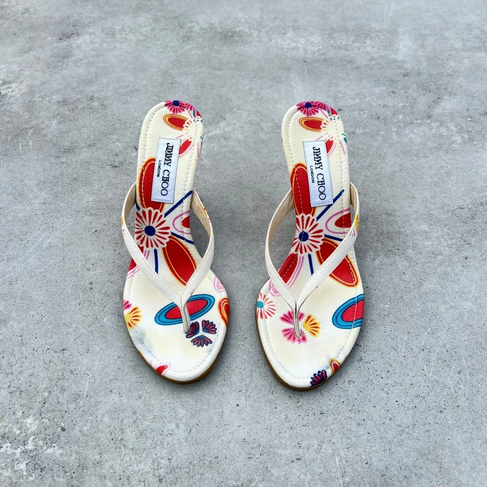 Jimmy Choo | Auténtico Tanga Cuña Blanco Estampado Floral Lona (36.5) Foto 2 de 4