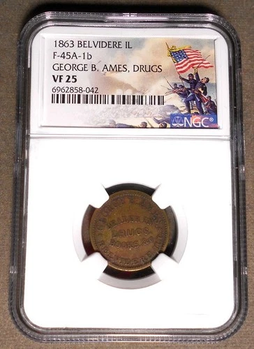 Belvidere IL 45A-1b, George B. Ames, R-2, brass, 20mm, NGC VF25