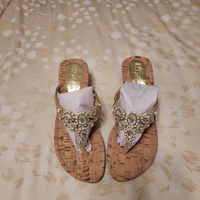 Mystique Crystal Embellished Jeweled Leather Wedge Sandals Tan Size 9 