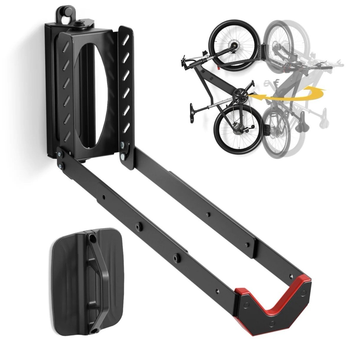 Wall-Mounted Swivel Arm Bike Stand, Adjustable, Fits 16-29" Tires, Black/Red