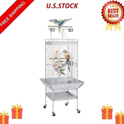NEW 61 Inch Large Bird Cage Rolling Stand Playtop Parrot Pet House White