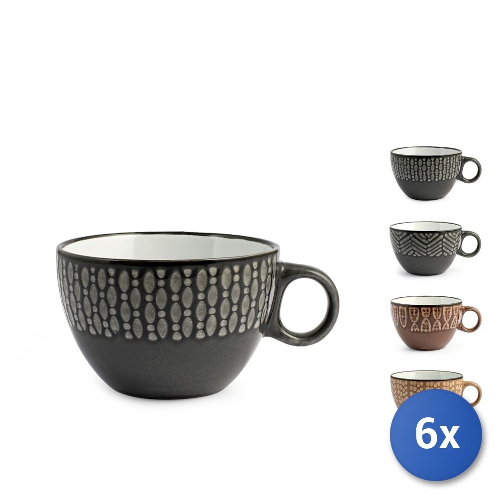 6x Jumbo Cups H&H Ethnic In Stoneware Brown Assorted Designs Cc460