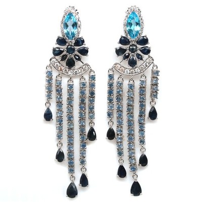 Thai Handmade 5 x 10 mm. Swiss Blue Topaz, Sapphire & Zircon Earrings